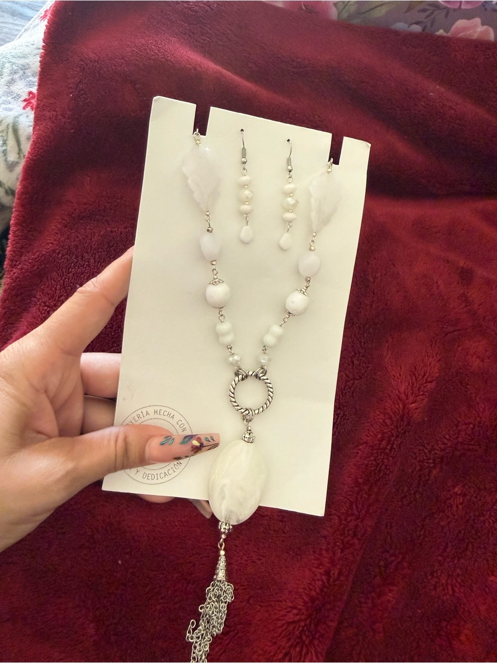 Handmade White Bead Pendant Necklace and Earring Set